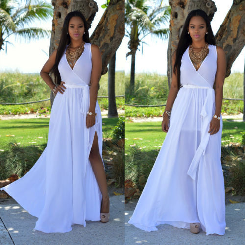 Damen Maxikleid mit tiefem V-Ausschnitt und seitlichem Schlitz Drune