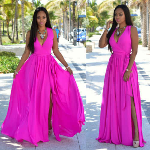 Damen Maxikleid mit tiefem V-Ausschnitt und seitlichem Schlitz Drune