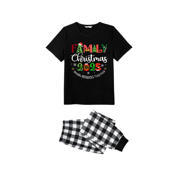 Drune | Gemeinsame Erinnerungen Familie Weihnachten 2025 Pyjama Set - Schwarzes Oberteil Schwarz-Weiße Karohose Farbige Weihnachtsgrafik