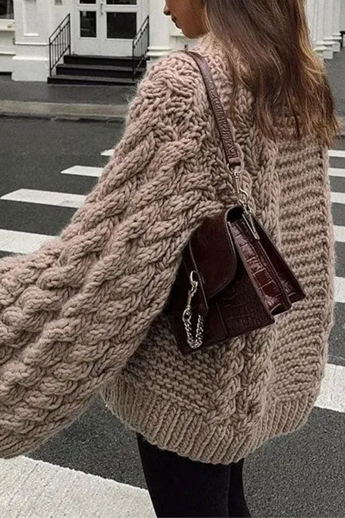 Drune | Rosiedress Rundhals Übergroße Zopfmuster Pullover