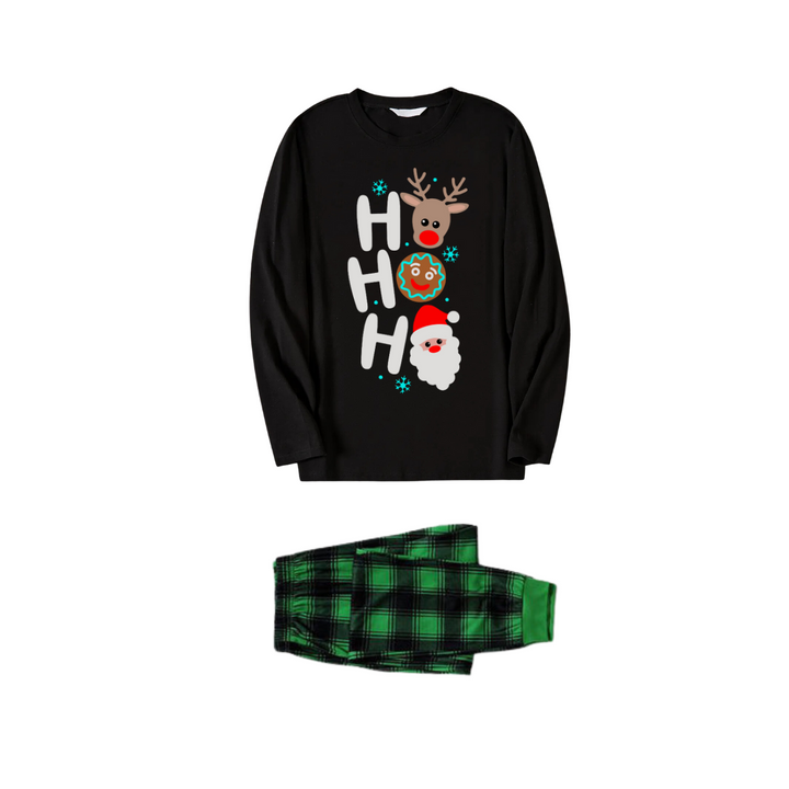 Drune | Weihnachten "HO HO HO" Textdruck Schwarzes Langarmoberteil mit grünem und schwarzem Karomuster Familienneutrale Pyjamas