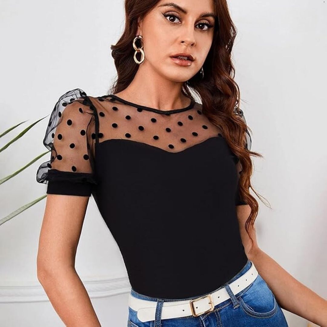 Drune | Bluse mit Tupfen-Mesh und Puffärmeln