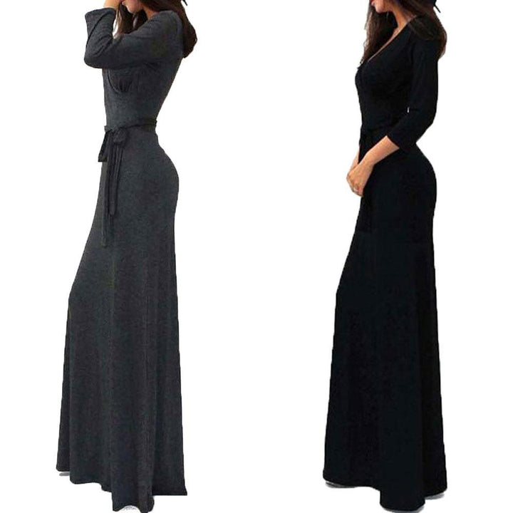 Damen Wickel‑Maxikleid mit Taillenschärpe, figurbetonter Silhouette & 3/4‑Ärmeln Drune