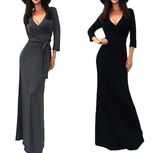 Damen Wickel‑Maxikleid mit Taillenschärpe, figurbetonter Silhouette & 3/4‑Ärmeln Drune