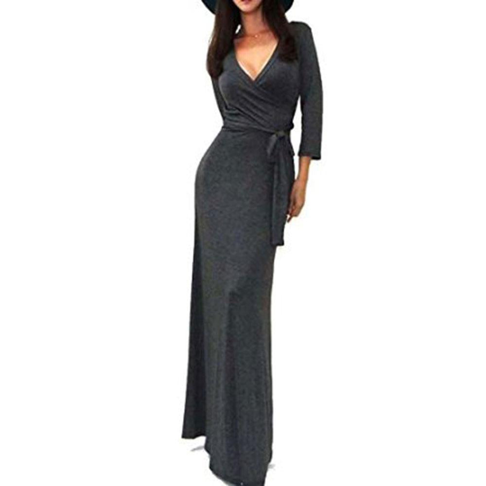 Damen Wickel‑Maxikleid mit Taillenschärpe, figurbetonter Silhouette & 3/4‑Ärmeln Drune
