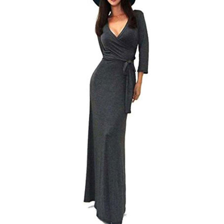 Damen Wickel‑Maxikleid mit Taillenschärpe, figurbetonter Silhouette & 3/4‑Ärmeln Drune
