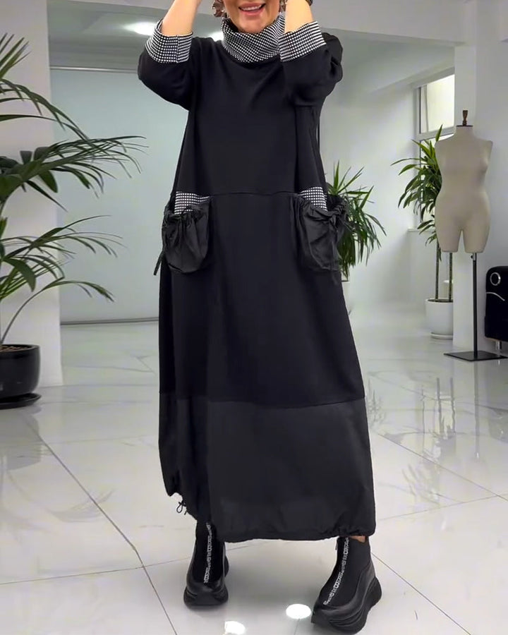 Drune | Kariertes Patchworkkleid mit Hohem Kragen und Tasche