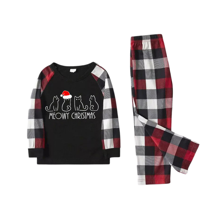 Drune | Weihnachtsniedliche Katzenmuster Rot & Schwarz & Grau & Weiß Karierte Familien-Pyjamas