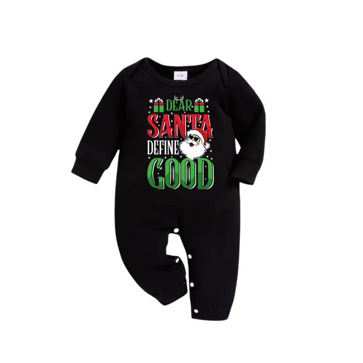 Drune | "Lieber Weihnachtsmann, definiere gut" Slogan bedruckte schwarze und grüne karierte Familien-Pyjamas