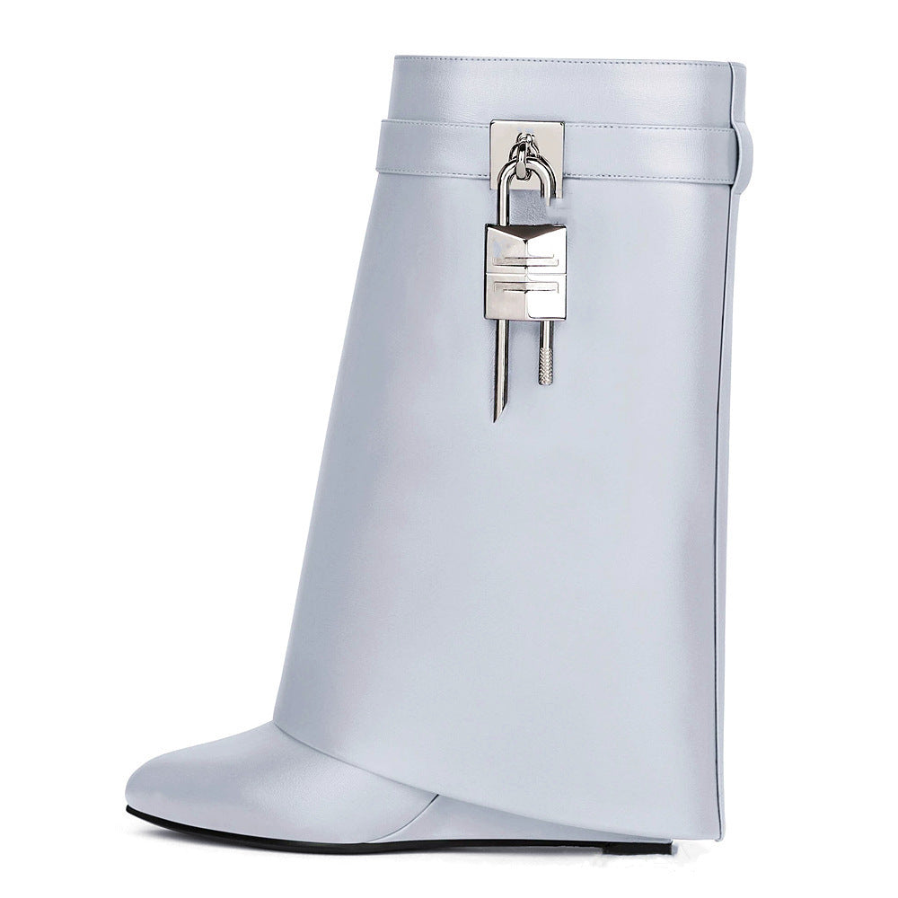 Drune | Damenmode Schräge Ferse Rundzehen Lederoberfläche Hoher Absatz Reißverschluss Kurze Stiefel