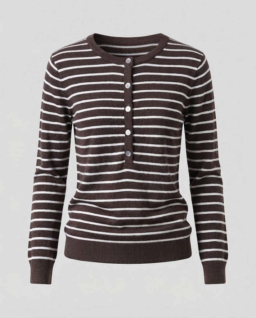 Damen Gestreifter Henley-Feinstrickpullover mit Knopfleiste Drune