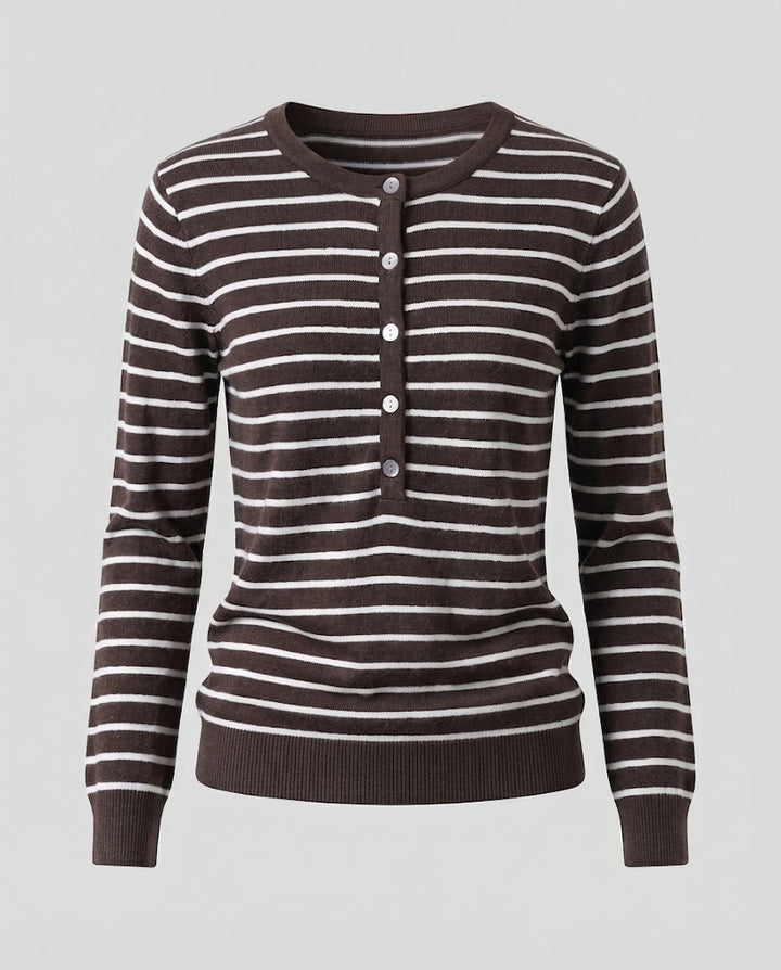 Damen Gestreifter Henley-Feinstrickpullover mit Knopfleiste Drune