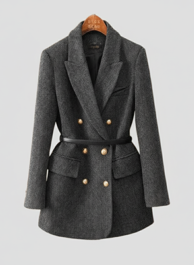 Drune | Tweed Blazer Mantel – Doppelreihig, mit Gürtel, Schalkragen
