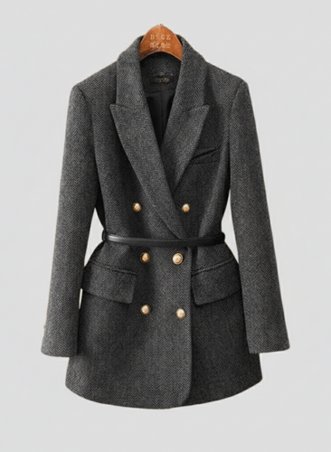 Drune | Tweed Blazer Mantel – Doppelreihig, mit Gürtel, Schalkragen