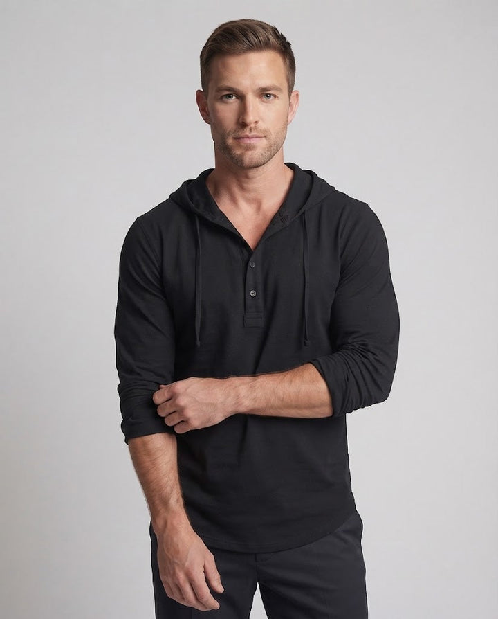 Herren Leichtes Kapuzen-Henley-Shirt mit Halbknopfleiste und Kordelzug Drune