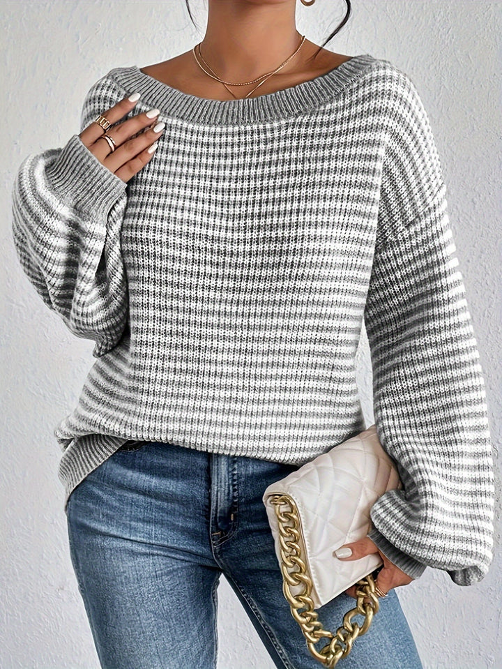 Drune |  Schulterfreier Baumwollpullover mit Streifen, elastischem Stoff und Rundhalsausschnitt Pullover Damen - Ideal für Frühling