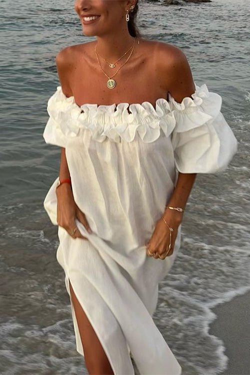 Drune | Rosiedress Off Shoulder Rüsche Trim Schlitz Baumwolle Leinen Maxi Urlaub Kleid