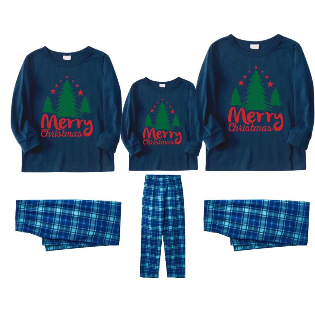 Drune | Frohe Weihnachten Brief & Baum Druck Muster Blau Langarmoberteil und Blau & Weiß Karierte Hose Familie Passende Pyjamas