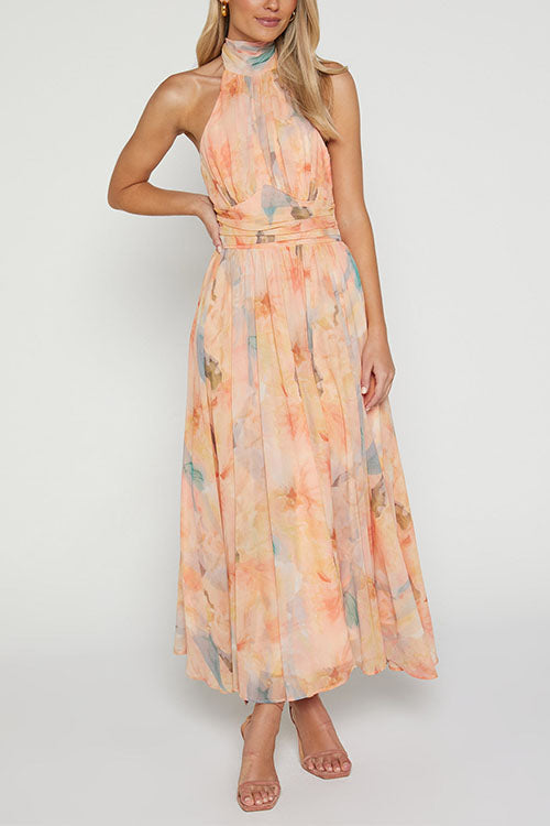 Drune | Halter Bow Neck Backless Beck Print Swing Maxi Kleid