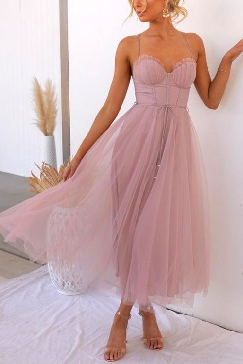 Drune | Rosiedress Rückenausschnitt Bindegürtel Mesh Swing Maxi Spaghettiträger Kleid