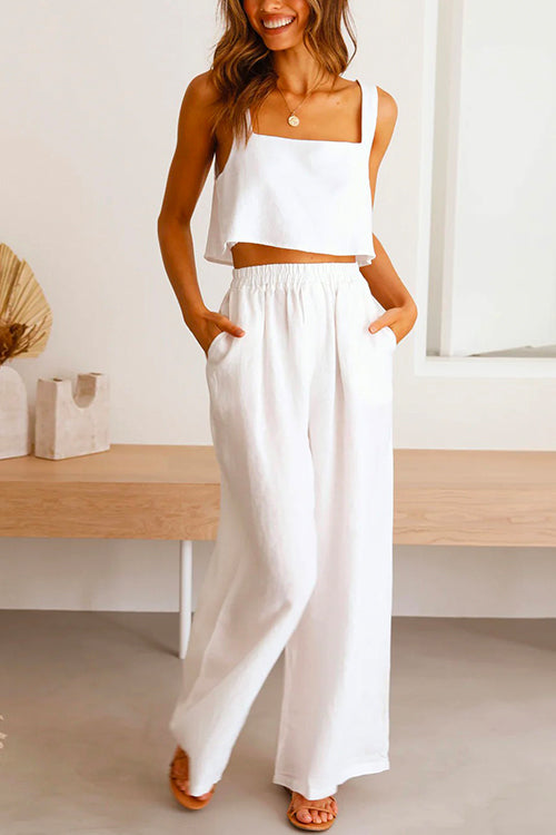 Drune | Rosiedress Quadratischer Kragen Cami Crop Top Weite Bein Hose Baumwolle Leinen Set
