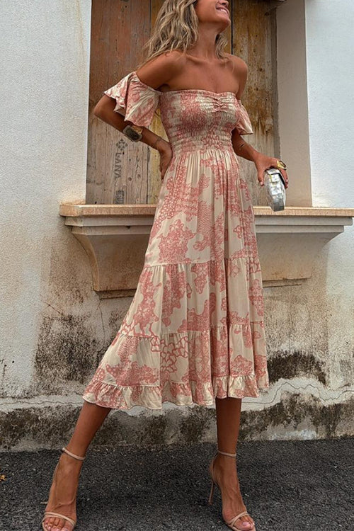 Drune | Off Shoulder Smocked Midi Kleid