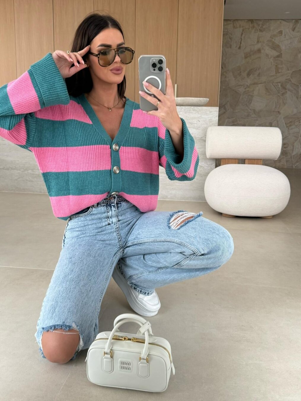 Drune | lässige gestreifte Strickjacke mit V-Ausschnitt
