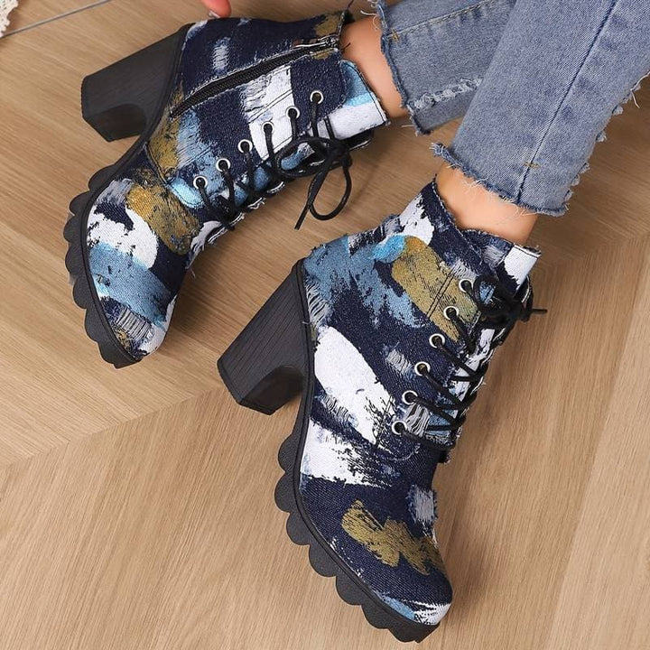 Drune | Stiefeletten Gemustertes Textil Schnürung Blockabsatz Chunky Sohle