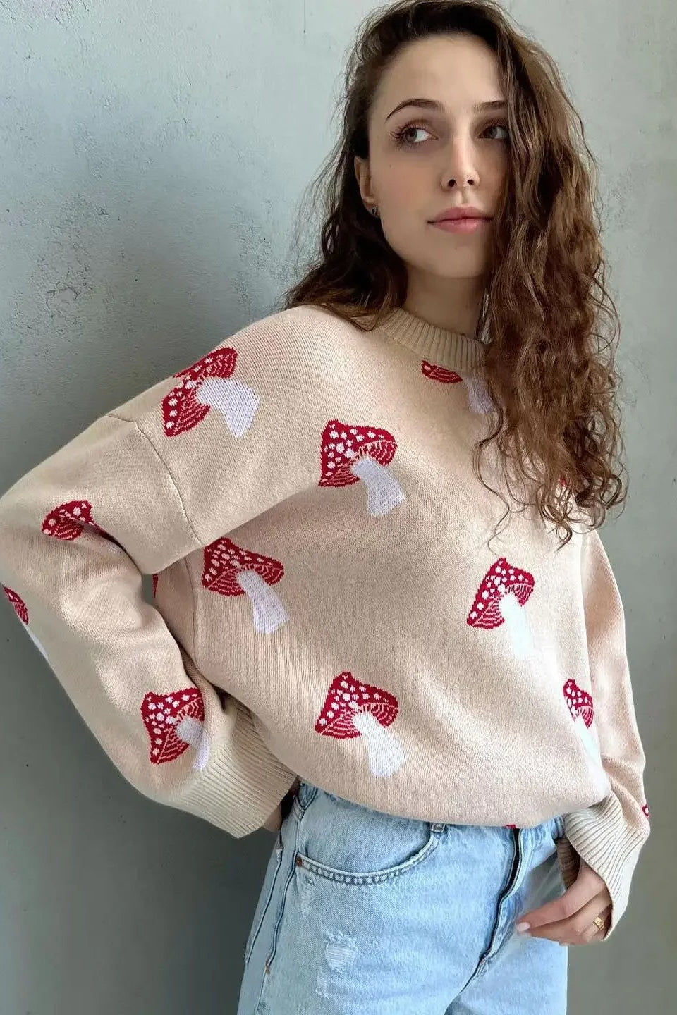 Drune | Cozy mushroom jacquard knit sweater