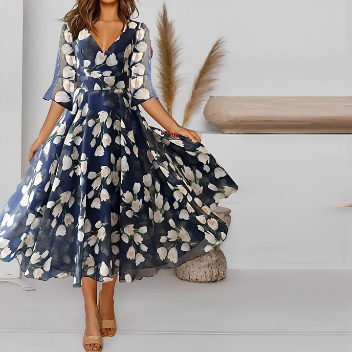 Drune | Blumen-Sifonk-Kleid mit weitem V-Ausschnitt