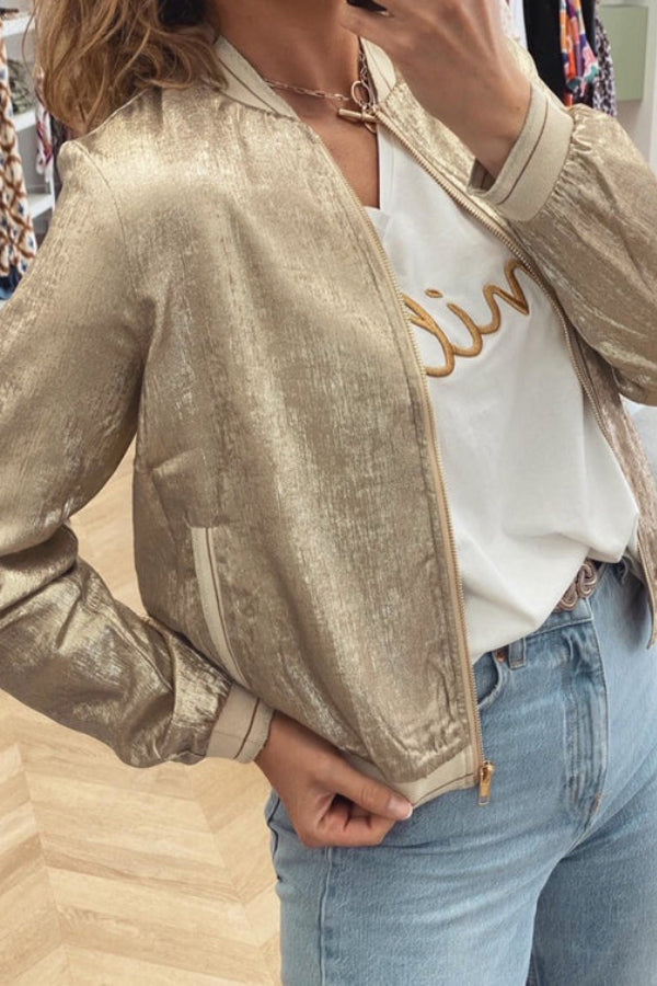 Drune | Khaki Metallic Reißverschluss Baseballjacke