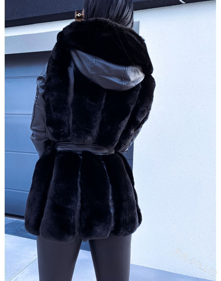 Drune Stil Pelz Gürtel Gürtel Mit Kapuze Zipper Jacke für Damen