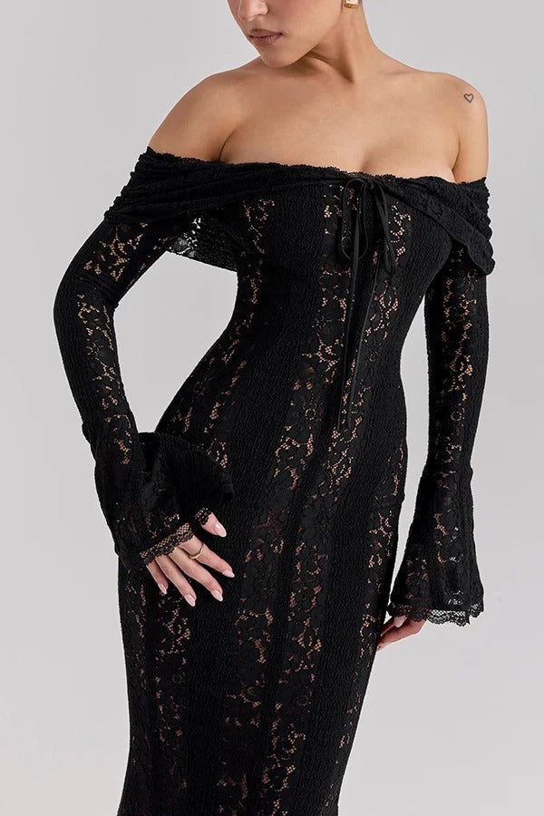 Drune | Blumen Spitze Off Shoulder Flare Ärmel Fishtail Maxi Kleider - Weiß