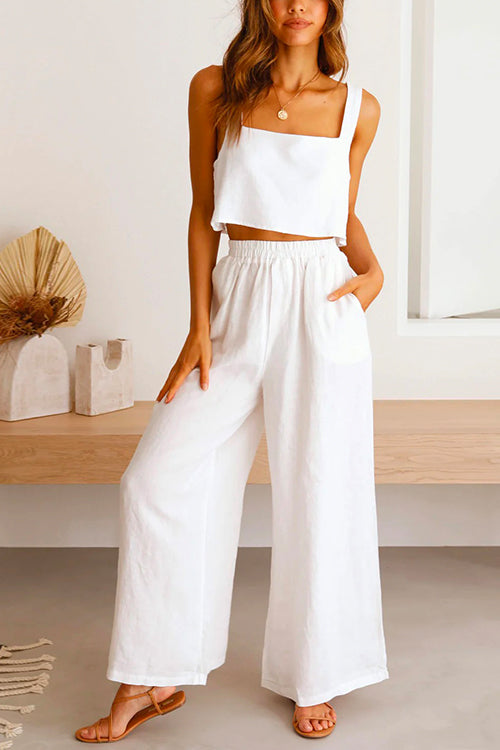Drune | Rosiedress Quadratischer Kragen Cami Crop Top Weite Bein Hose Baumwolle Leinen Set