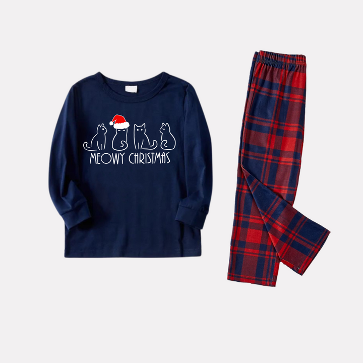 Drune | Weihnachtskatze Druck Blau Langarm Top mit Rot & Blau Karomuster Weihnachts Familie Passende Schlafanzüge