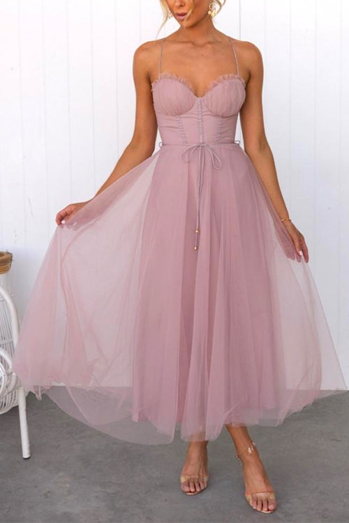Drune | Rosiedress Rückenausschnitt Bindegürtel Mesh Swing Maxi Spaghettiträger Kleid
