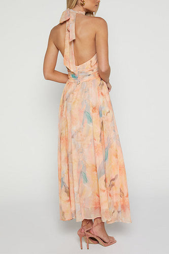 Drune | Halter Bow Neck Backless Beck Print Swing Maxi Kleid