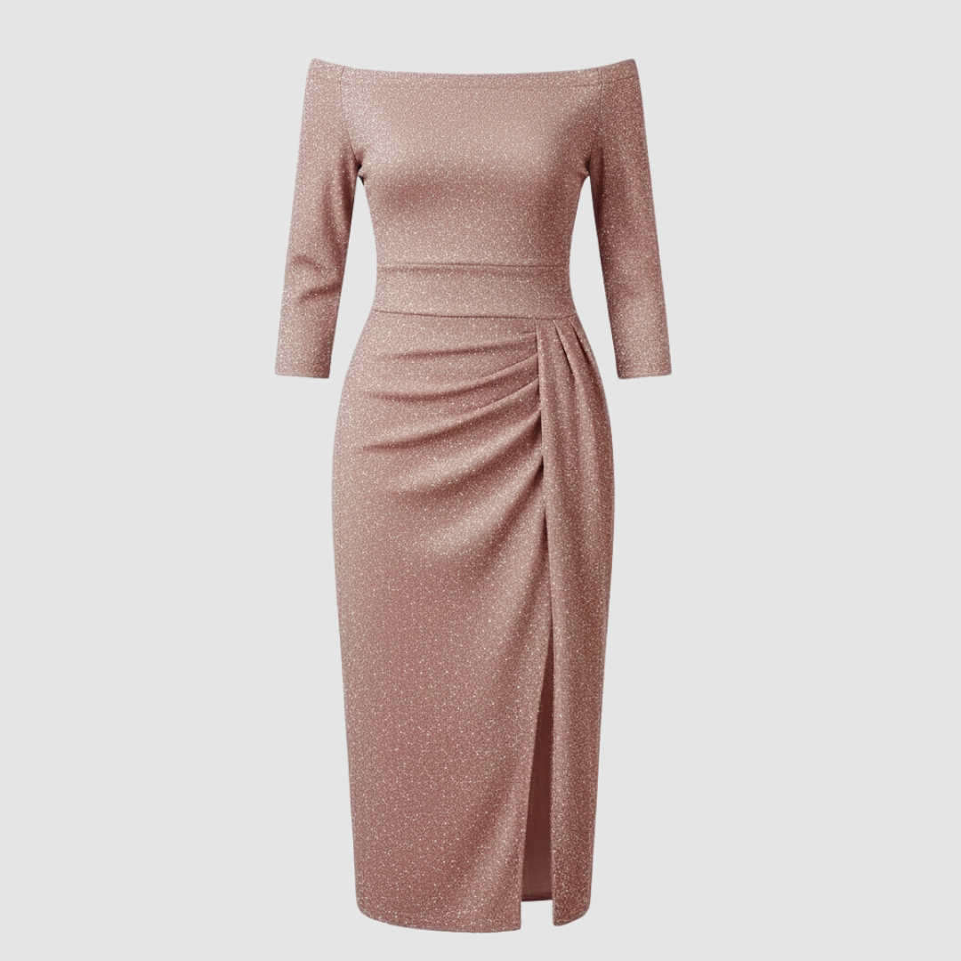 Elegantes Hochzeitsgast Kleid Off Shoulder Lang Satin | Drune