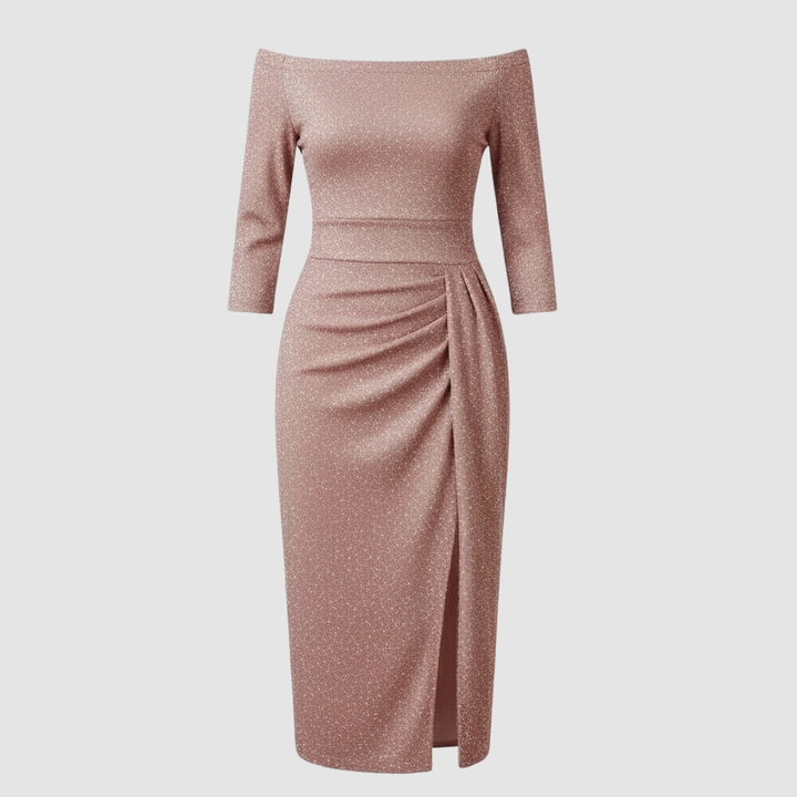 Elegantes Hochzeitsgast Kleid Off Shoulder Lang Satin | Drune