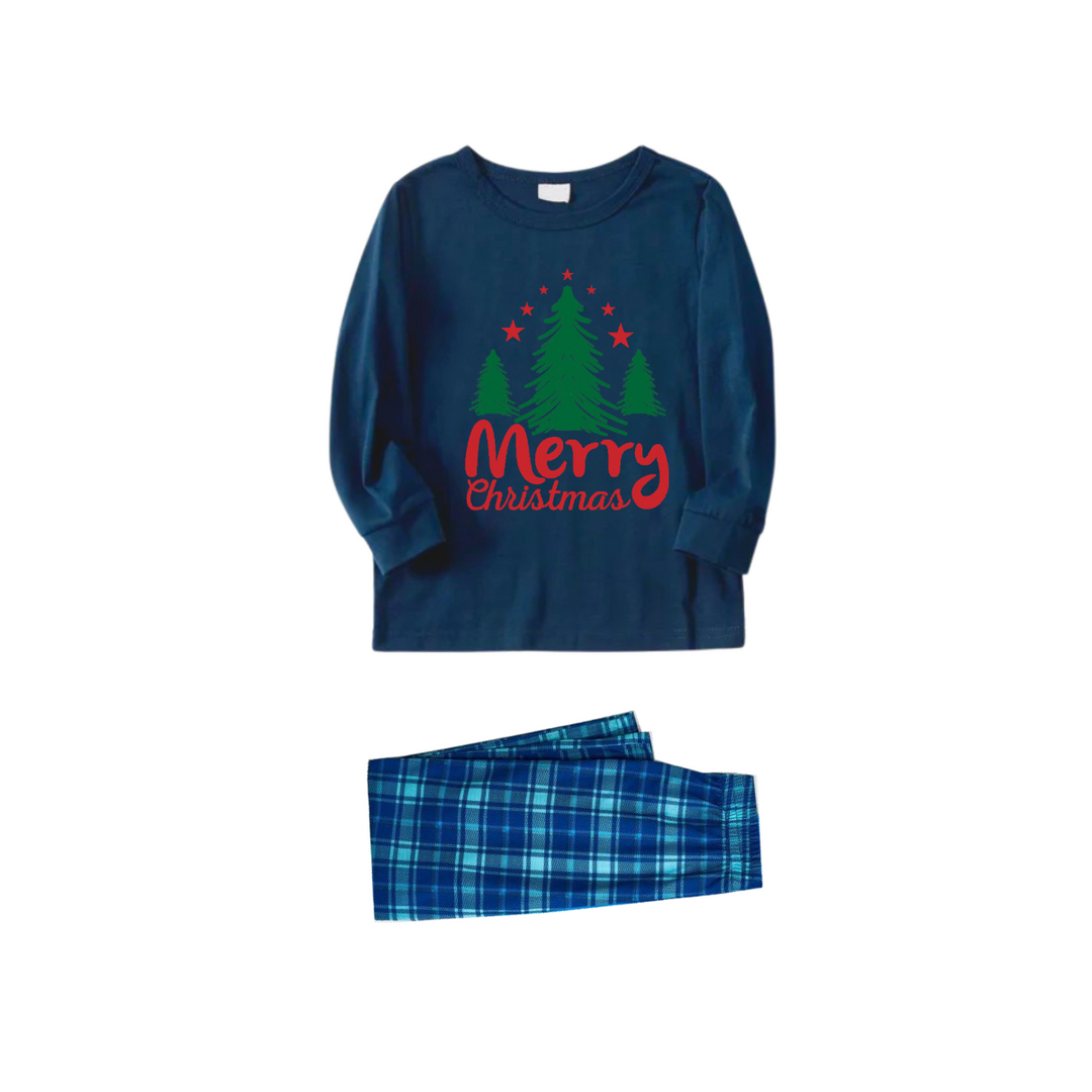 Drune | Frohe Weihnachten Brief & Baum Druck Muster Blau Langarmoberteil und Blau & Weiß Karierte Hose Familie Passende Pyjamas