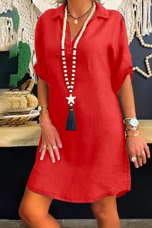 Drune | Rosiedress Revers V-Ausschnitt Roll-Up-Ärmel Hemdkleid