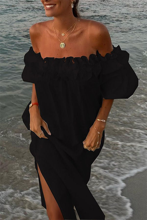 Drune | Rosiedress Off Shoulder Rüsche Trim Schlitz Baumwolle Leinen Maxi Urlaub Kleid