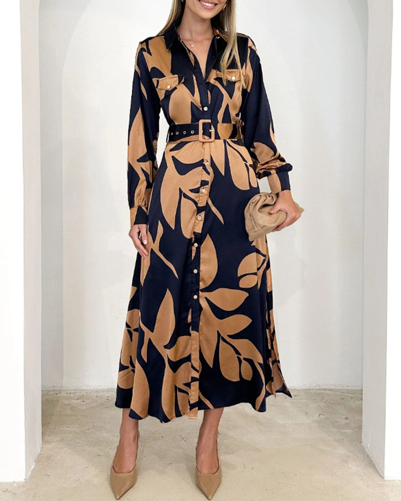 Drune | Kleid mit Langen Ärmeln und Revers Im Blattmuster