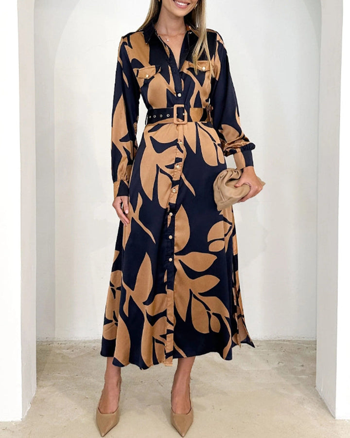 Drune | Kleid mit Langen Ärmeln und Revers Im Blattmuster