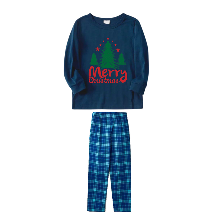 Drune | Frohe Weihnachten Brief & Baum Druck Muster Blau Langarmoberteil und Blau & Weiß Karierte Hose Familie Passende Pyjamas