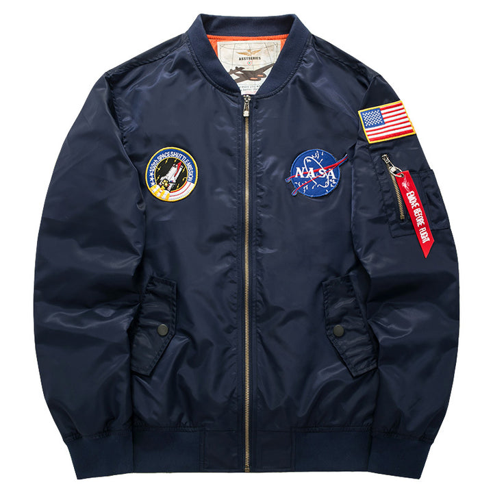 Men's  mission-patch zip-up pilot jacket with sleeve utility pocket Drune