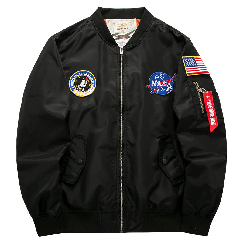 Men's  pilot-style nylon flight bomber jacket with embroidered aerospace patches and sleeve zip utility pocket Drune