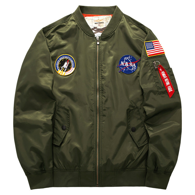 Men's  mission-patch zip-up pilot jacket with sleeve utility pocket Drune