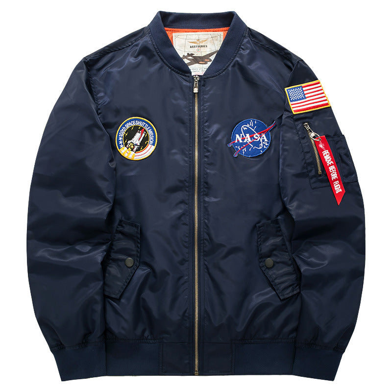 Men's  pilot-style nylon flight bomber jacket with embroidered aerospace patches and sleeve zip utility pocket Drune