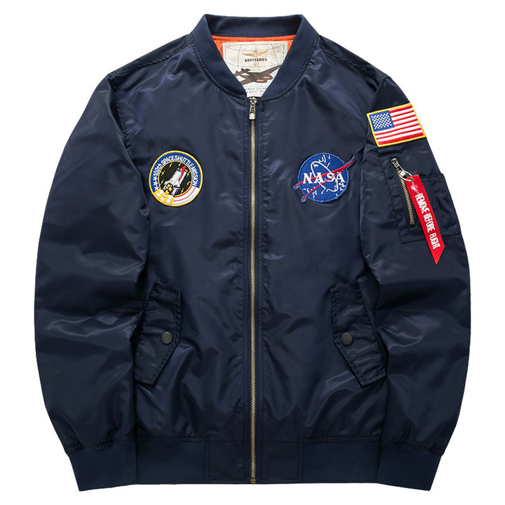 Men's  pilot-style nylon flight bomber jacket with embroidered aerospace patches and sleeve zip utility pocket Drune